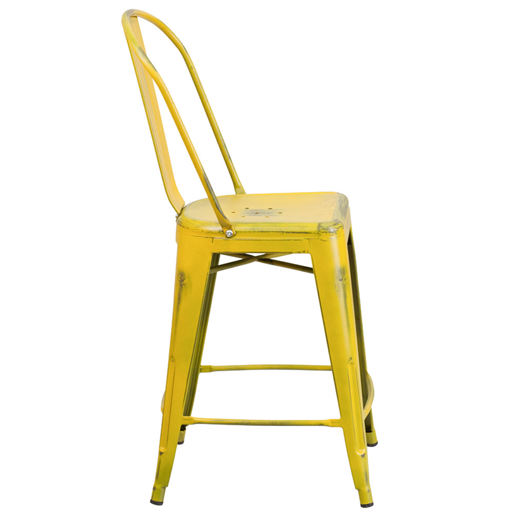 Distressed Yellow Metal Counter Height Stool with Vertical Slat Back ...