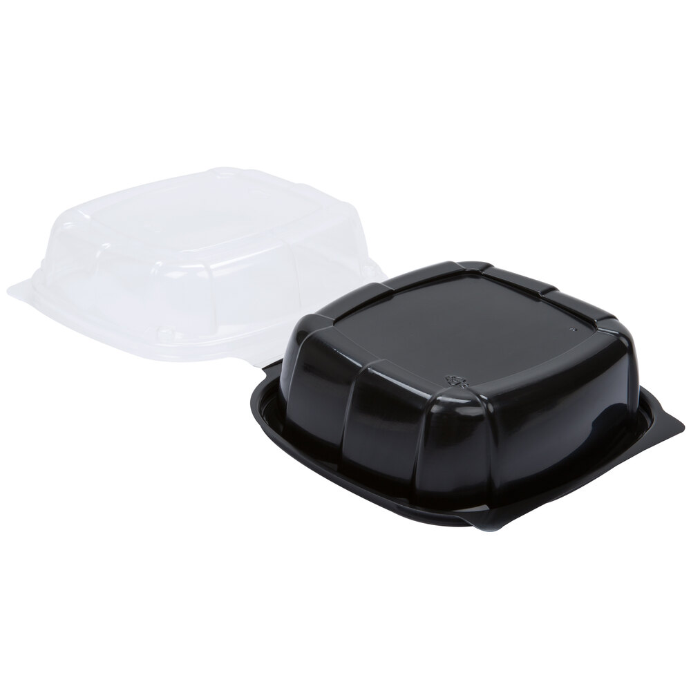 22 oz. Black 6" x 6" x 3" Square Microwaveable Plastic Hinged TakeOut