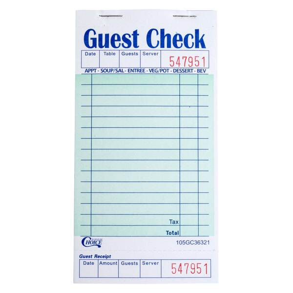 1 Part Green and White Guest Check with Bottom Guest Receipt 50 Books