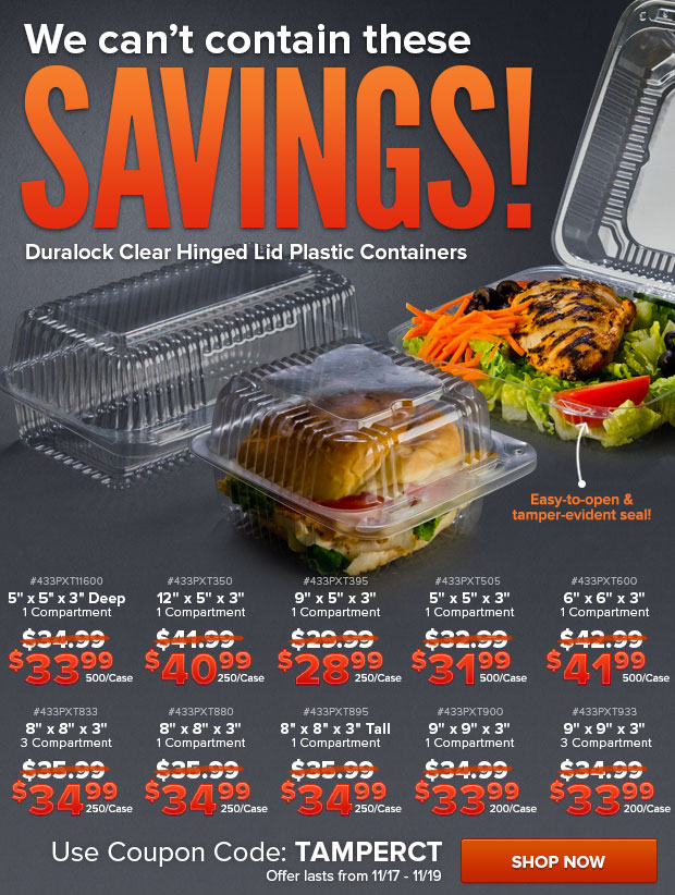 We Can't Contain These Savings! Duralock Clear Hinged Lid Plastic Containers on Sale!