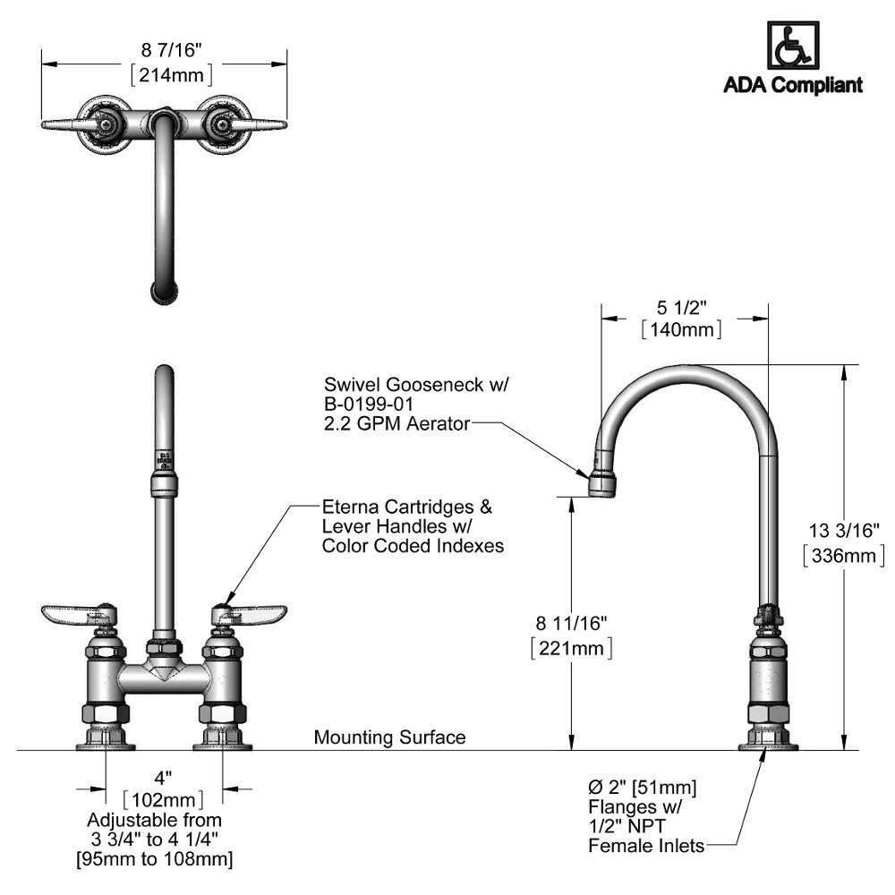 T&S B-0325-A22 Deck Mount Double Pantry Faucet With 4" Adjustable ...